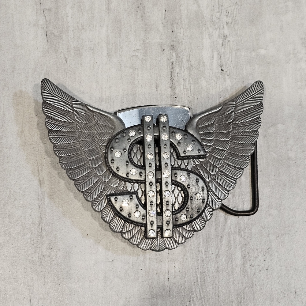 Silver Winged Dollar Sign Belt Buckle with Lighter holder